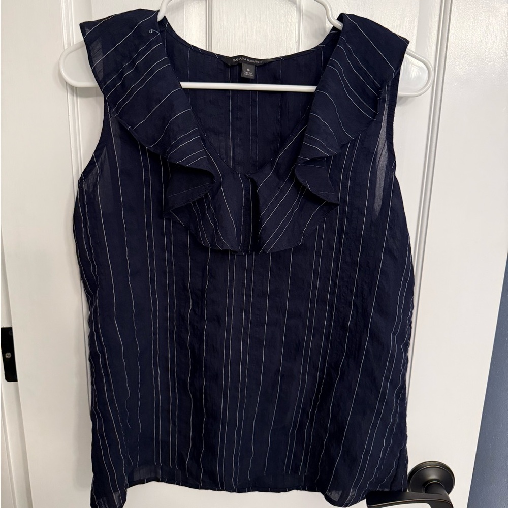 Banana Republic Navy Striped Ruffle Blouse